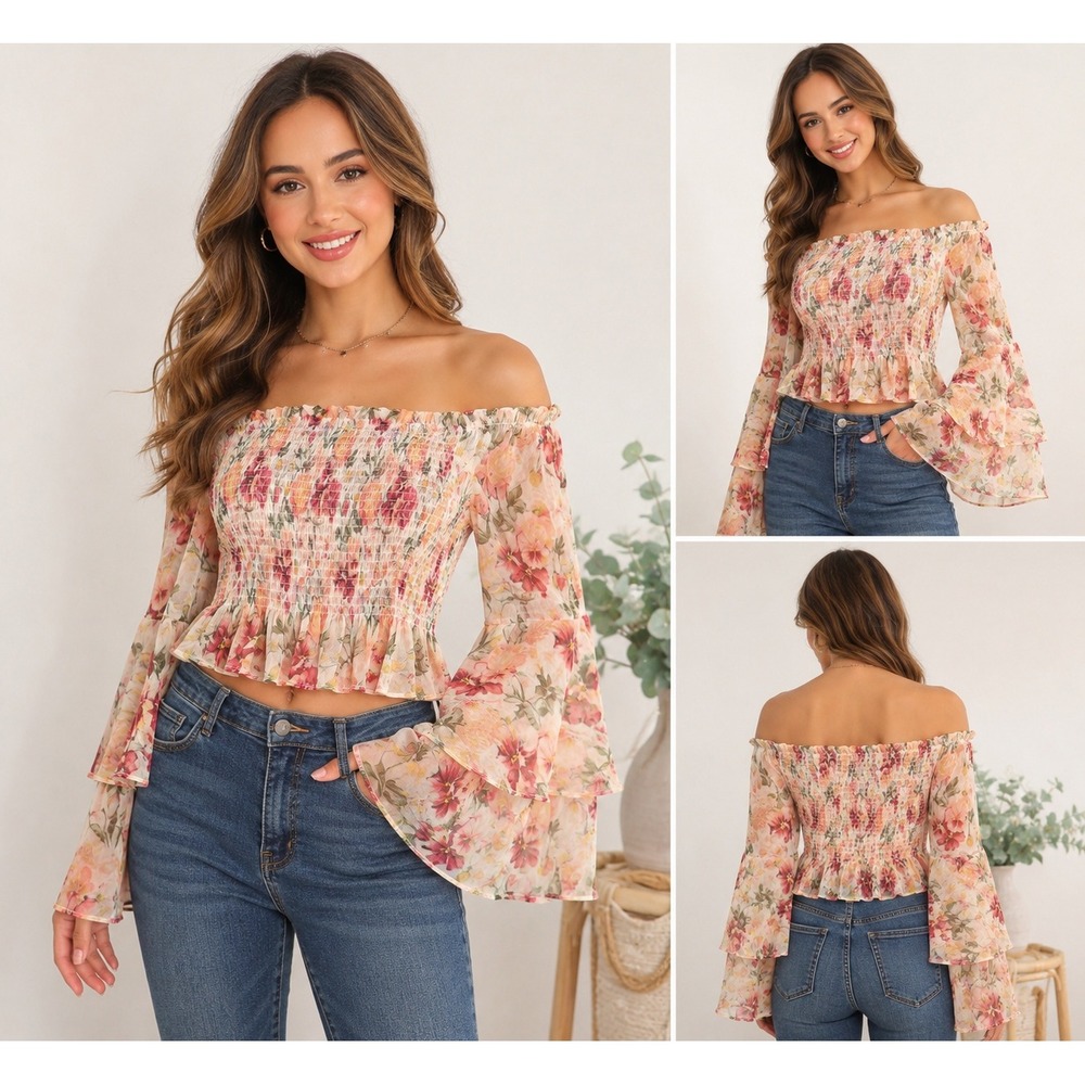 Blue B Collection Crop Top Floral Smocked Off Shoulder Bell Sleeve M‎ Pink Boho